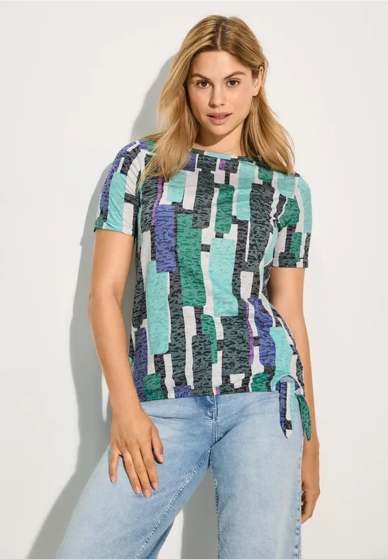 T-Shirt mit abstraktem Burnout-Print und Knoten