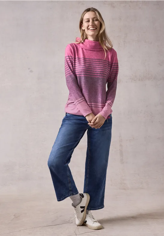 Gestreiftes Langarmshirt mit Wasserfallkragen