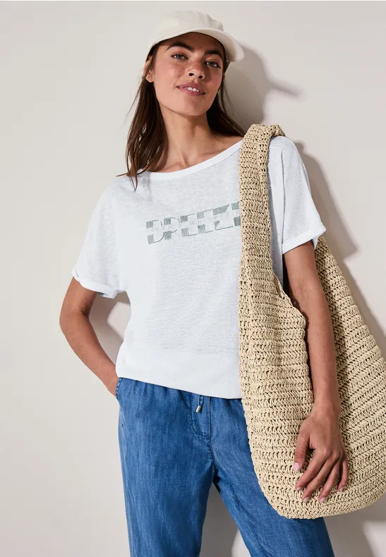 Locker geschnittenes Leinenmisch-T-Shirt mit Grafikprint