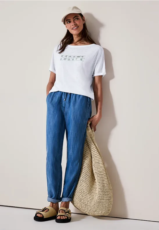 Locker geschnittenes Leinenmisch-T-Shirt mit Grafikprint