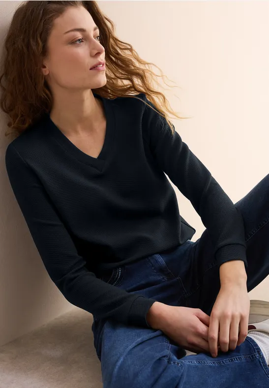 Damen Shirt mit V-Ausschnitt und Struktur