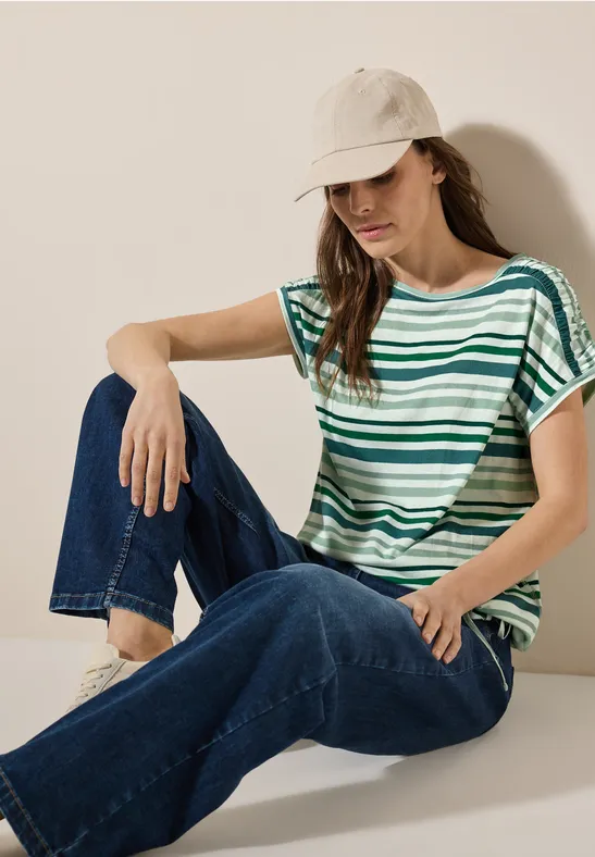 Gestreiftes T-Shirt mit gerafften Schultern