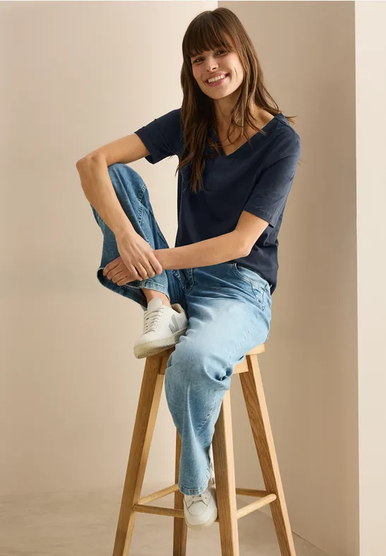 Damen T-Shirt im Tunika-Stil mit V-Ausschnitt