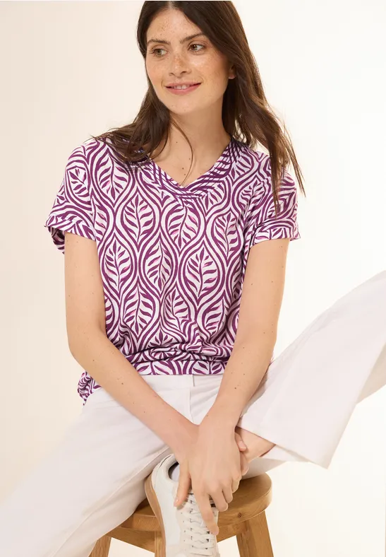 Lila T-Shirt mit Blätterprint und V-Ausschnitt
