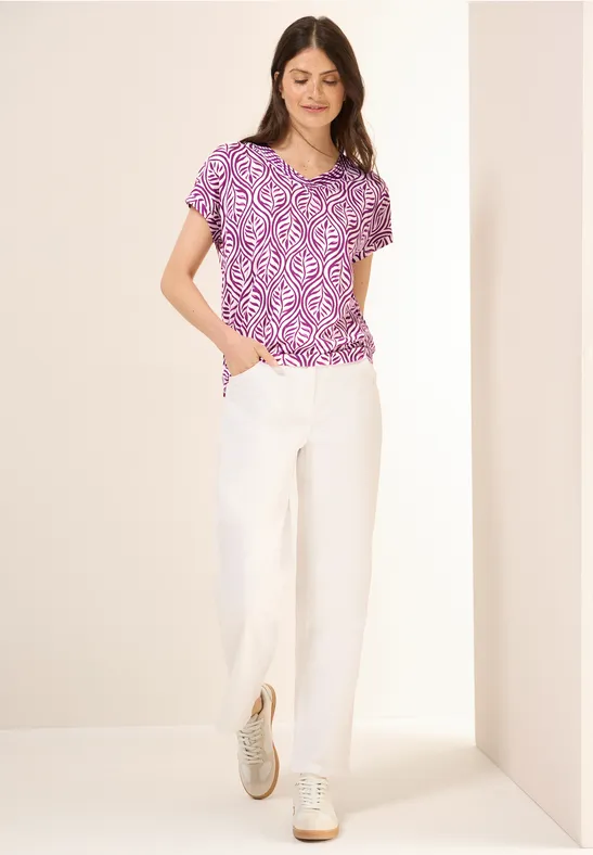 Lila T-Shirt mit Blätterprint und V-Ausschnitt