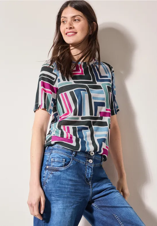 T-Shirt mit abstraktem Muster und kurzen Ärmeln