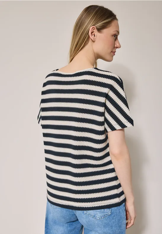 Gestreiftes Strukturstrick Kurzarmshirt
