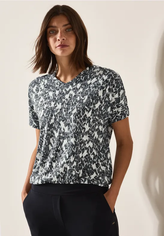 Bedrucktes Burnout T-Shirt mit V-Ausschnitt