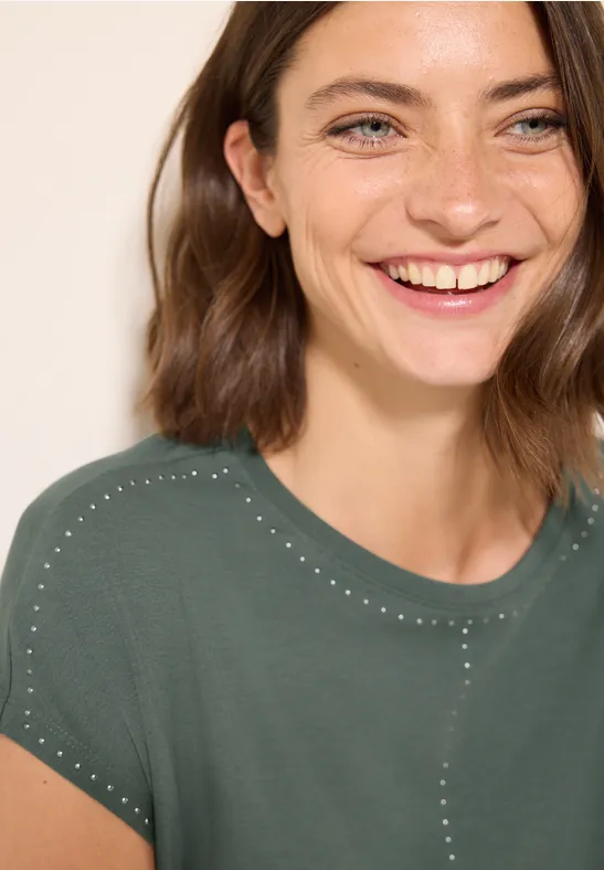 Grünes T-Shirt mit Ziersteinen aus Baumwollmischung