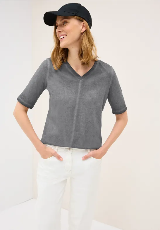 Damen V-Ausschnitt T-Shirt im Used-Look