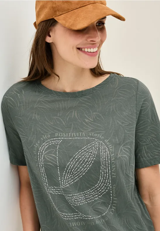 Olivgrünes Baumwoll-T-Shirt mit Blätterdruck