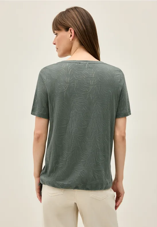 Olivgrünes Baumwoll-T-Shirt mit Blätterdruck