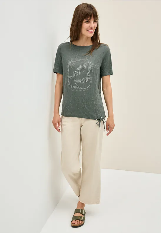 Olivgrünes Baumwoll-T-Shirt mit Blätterdruck