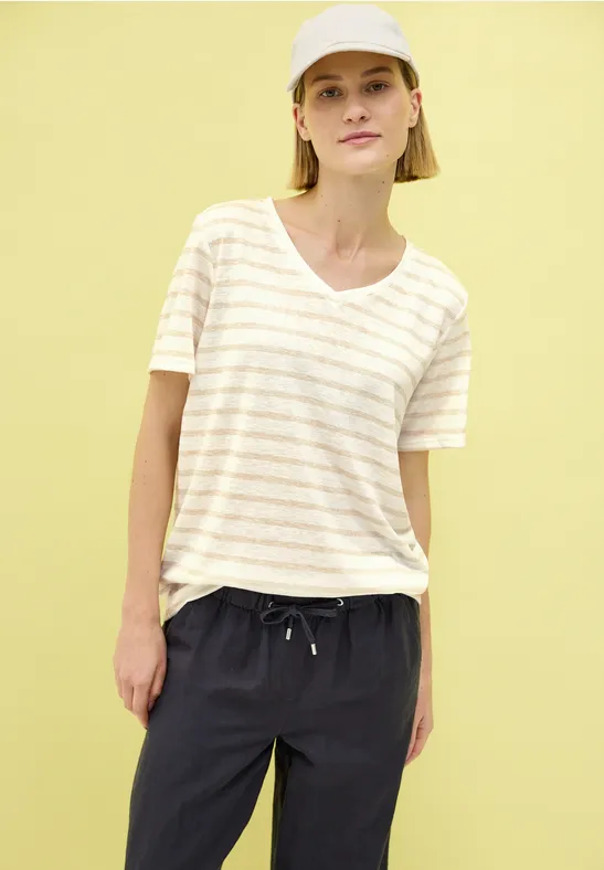 Gestreiftes T-Shirt in Strickoptik mit V-Ausschnitt