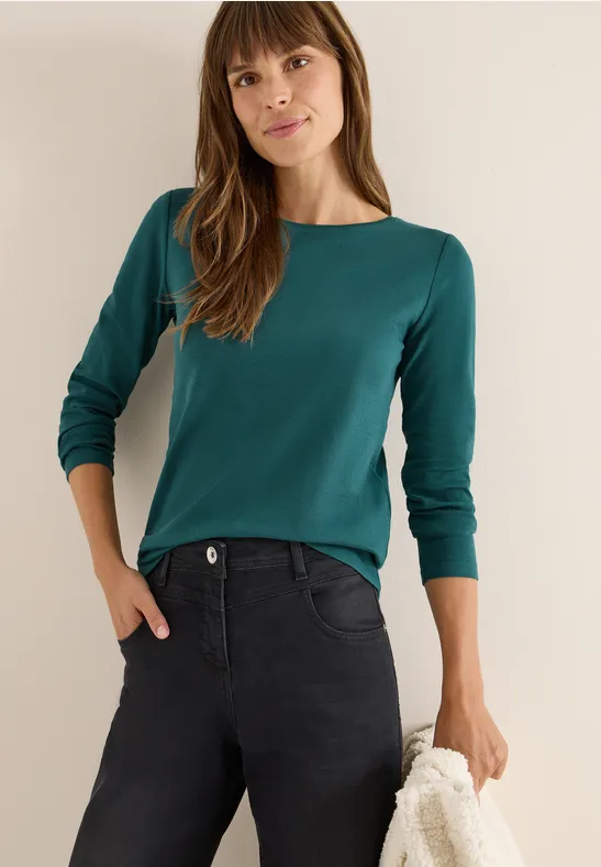 Einfarbiges Langarmshirt mit U-Boot-Ausschnitt