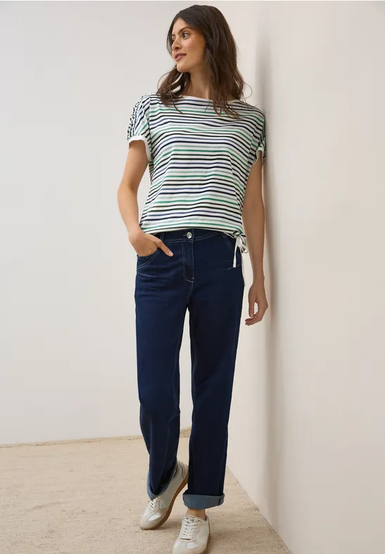 Gestreiftes Baumwoll-T-Shirt mit Tunnelzugsaum