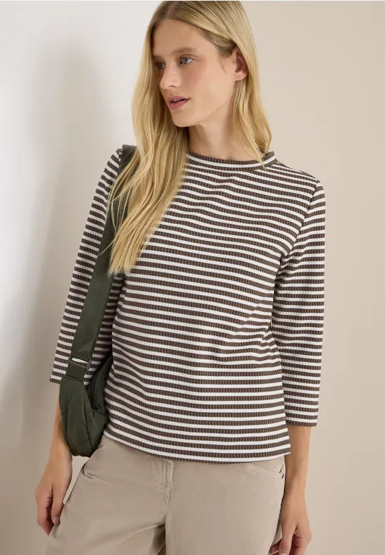 Gestreiftes Rippstrick-Shirt mit Dreiviertelärmeln