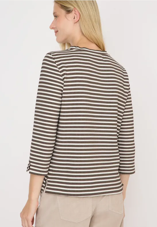 Gestreiftes Rippstrick-Shirt mit Dreiviertelärmeln