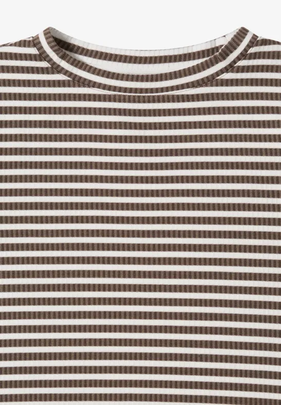 Gestreiftes Rippstrick-Shirt mit Dreiviertelärmeln