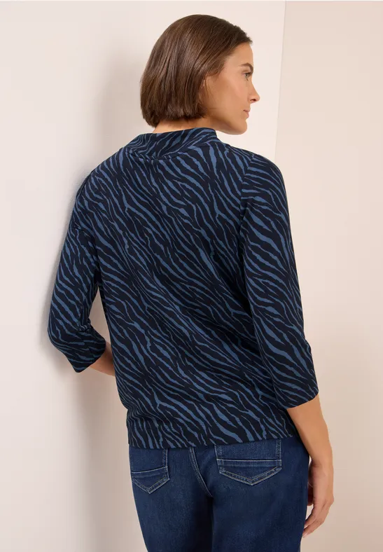 Blaues Shirt mit Zebra-Print und Stehkragen