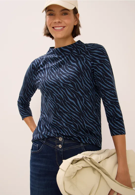 Blaues Shirt mit Zebra-Print und Stehkragen