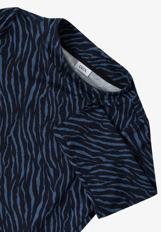 Blaues Shirt mit Zebra-Print und Stehkragen
