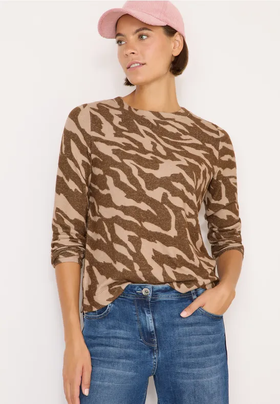 Langärmliges meliertes Shirt mit Animalprint
