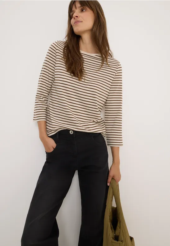 Gestreiftes Baumwollmischgewebe 3/4 Ärmel Shirt