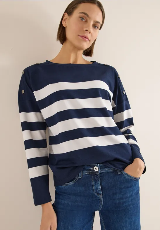 Damen Streifen Langarmshirt mit Knopfdetails