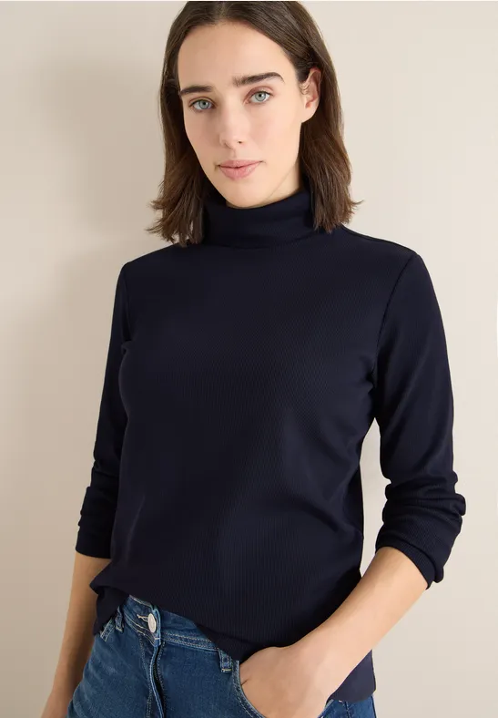 Geripptes Rollkragen Langarmshirt
