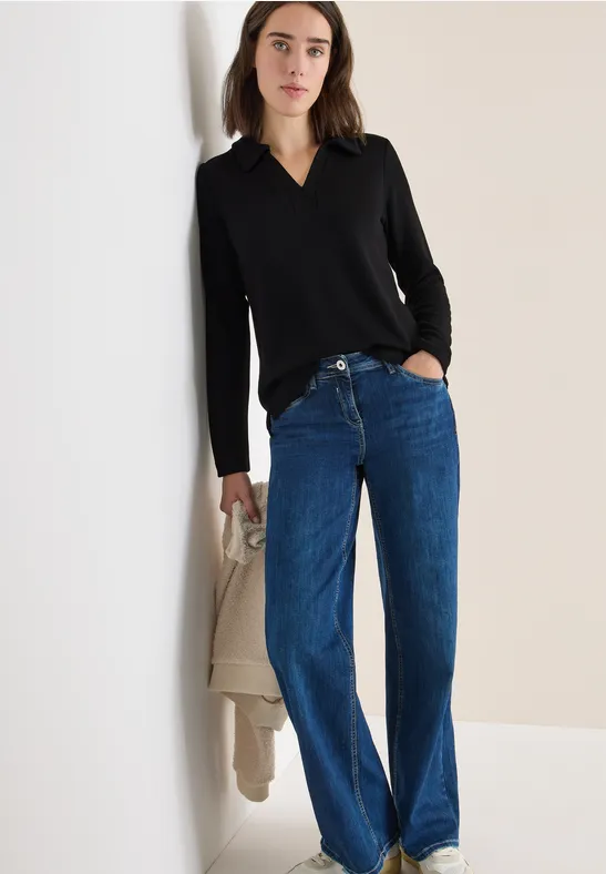 Langärmliges Damen-Poloshirt im Strick-Look