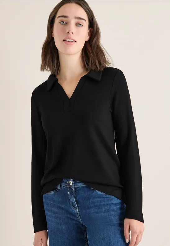 Langärmliges Damen-Poloshirt im Strick-Look