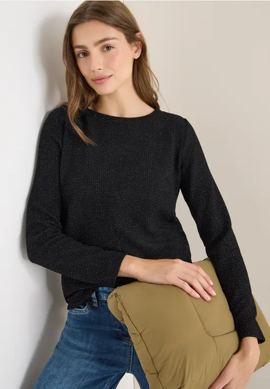 Damen Glitzer Struktur Langarmshirt in Schwarz