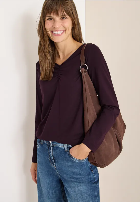 Langarmshirt mit V-Ausschnitt und Raffung