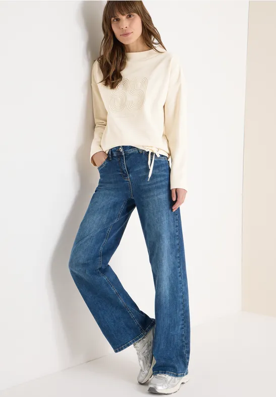 Beiges Langarm-Sweatshirt mit Stickerei