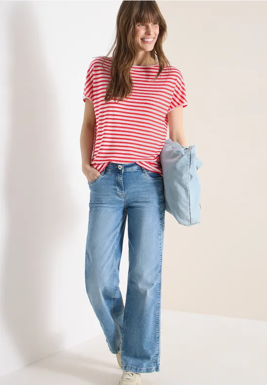 Gestreiftes T-Shirt mit U-Boot-Ausschnitt und lockerer Passform