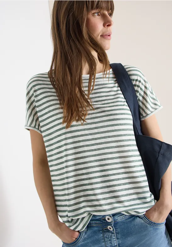 Gestreiftes T-Shirt in Leinenoptik mit U-Boot-Ausschnitt