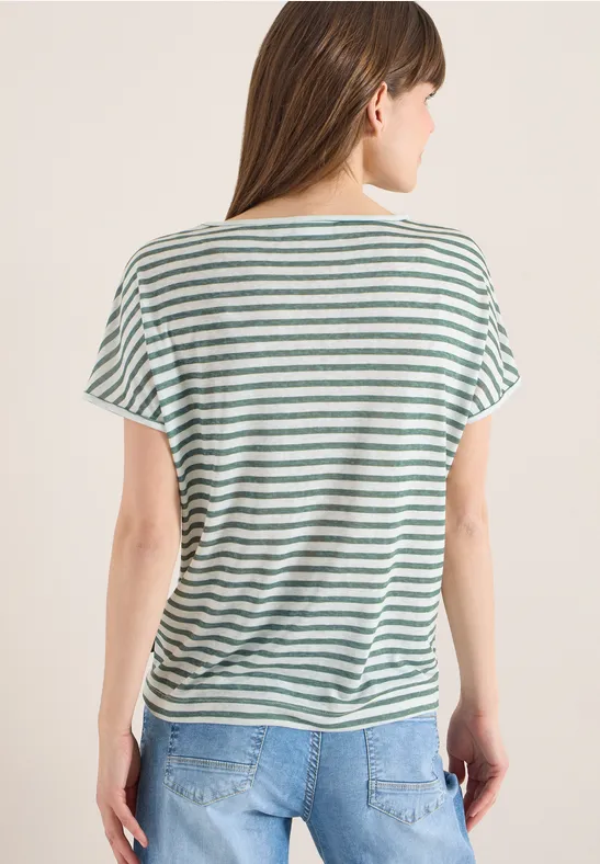 Gestreiftes T-Shirt in Leinenoptik mit U-Boot-Ausschnitt