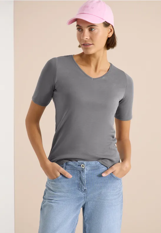 Basic Baumwoll-T-Shirt mit V-Ausschnitt