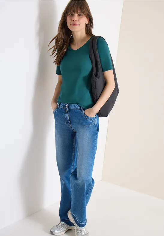 Basic Baumwoll-T-Shirt mit V-Ausschnitt