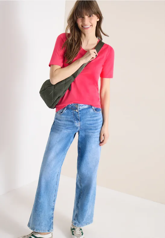 Basic Baumwoll-T-Shirt mit V-Ausschnitt
