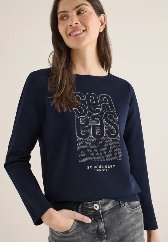 Baumwollmischung Top mit 'Seaside'-Stickerei