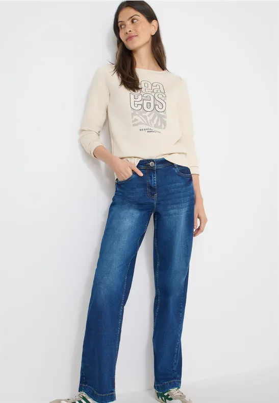 Beiges Sweatshirt mit Grafikprint aus Baumwollmischung