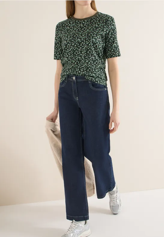 Gemustertes T-Shirt aus Baumwoll-Modal-Mix in Grün
