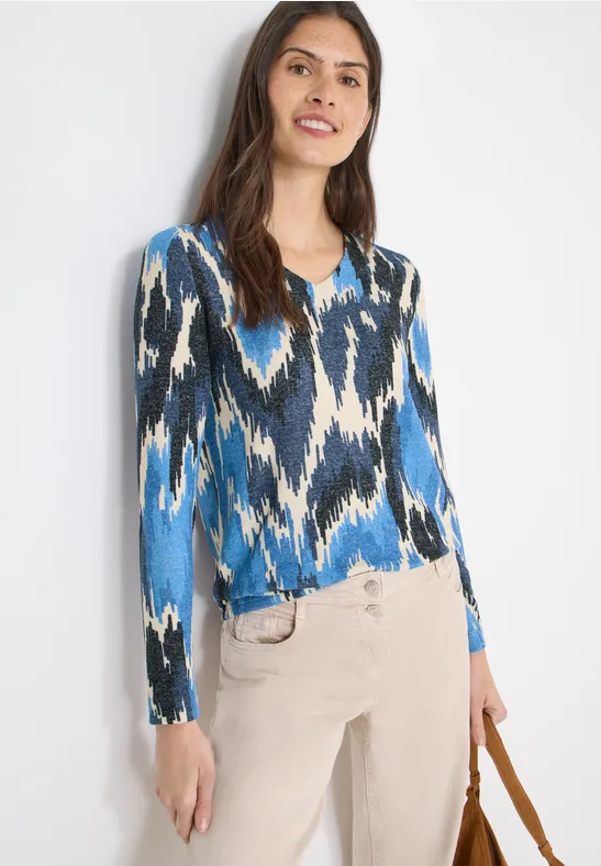Gemustertes Langarmshirt mit V-Ausschnitt