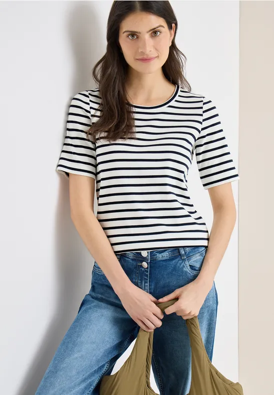 Gestreiftes Baumwoll-T-Shirt mit Rundhalsausschnitt