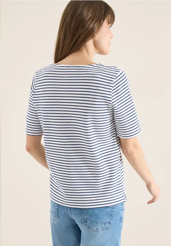 Gestreiftes Waffel-T-Shirt mit V-Ausschnitt
