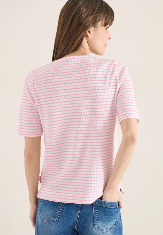 Gestreiftes V-Ausschnitt Baumwollmischungs-T-Shirt
