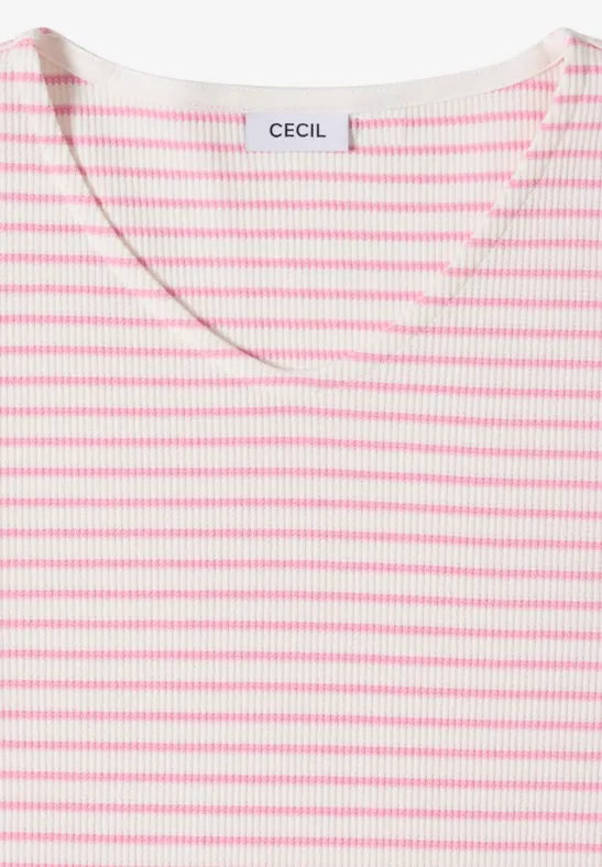 Gestreiftes V-Ausschnitt Baumwollmischungs-T-Shirt