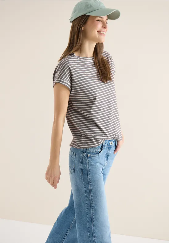 Gestreiftes Baumwoll-T-Shirt mit elastischem Saum